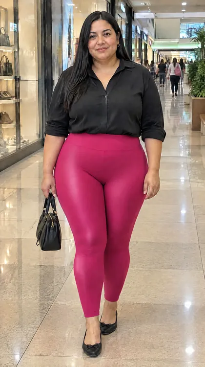 Mujer de talla grande en un centro comercial con el Leggins Paris fucsia y blusa negra