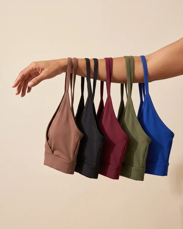 Una mano sostiene cinco tops de regalo: cocoa, negro, vinotinto, verde militar y azul rey